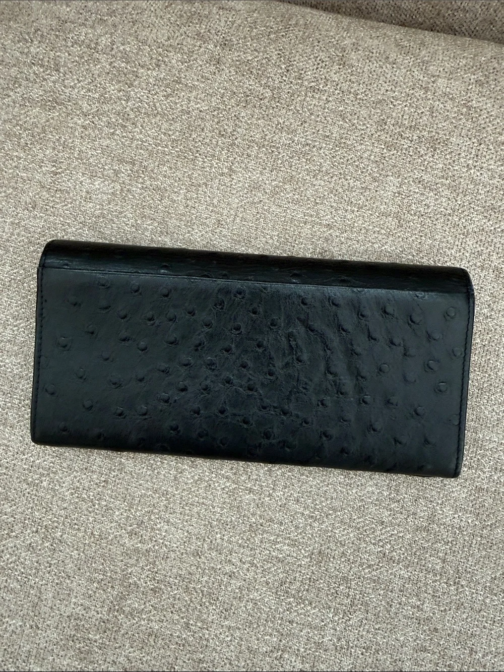ITALIAN Black Ostrich-Texture Continental Wallet with Gold Emblem